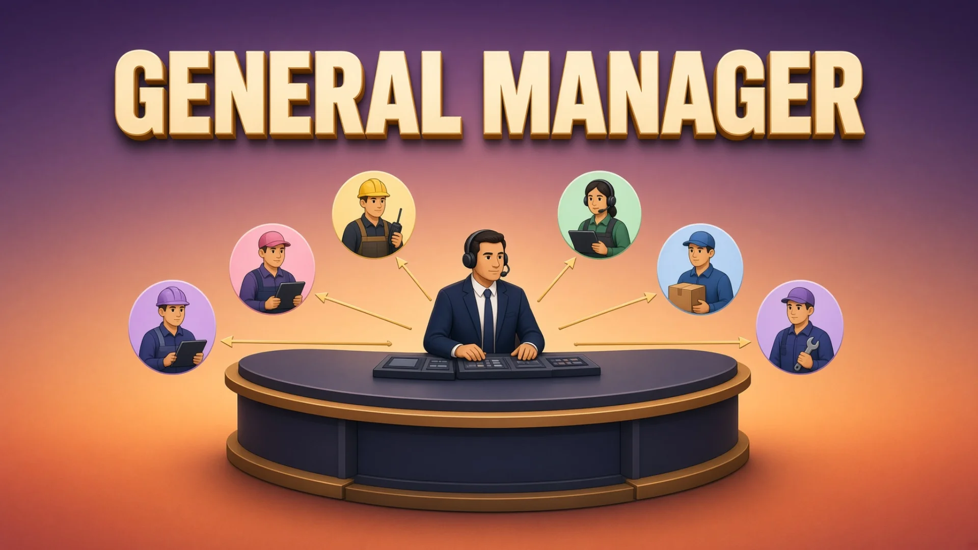 A general manager figure at a command desk dispatching tasks to six AI agent workers in a semicircle