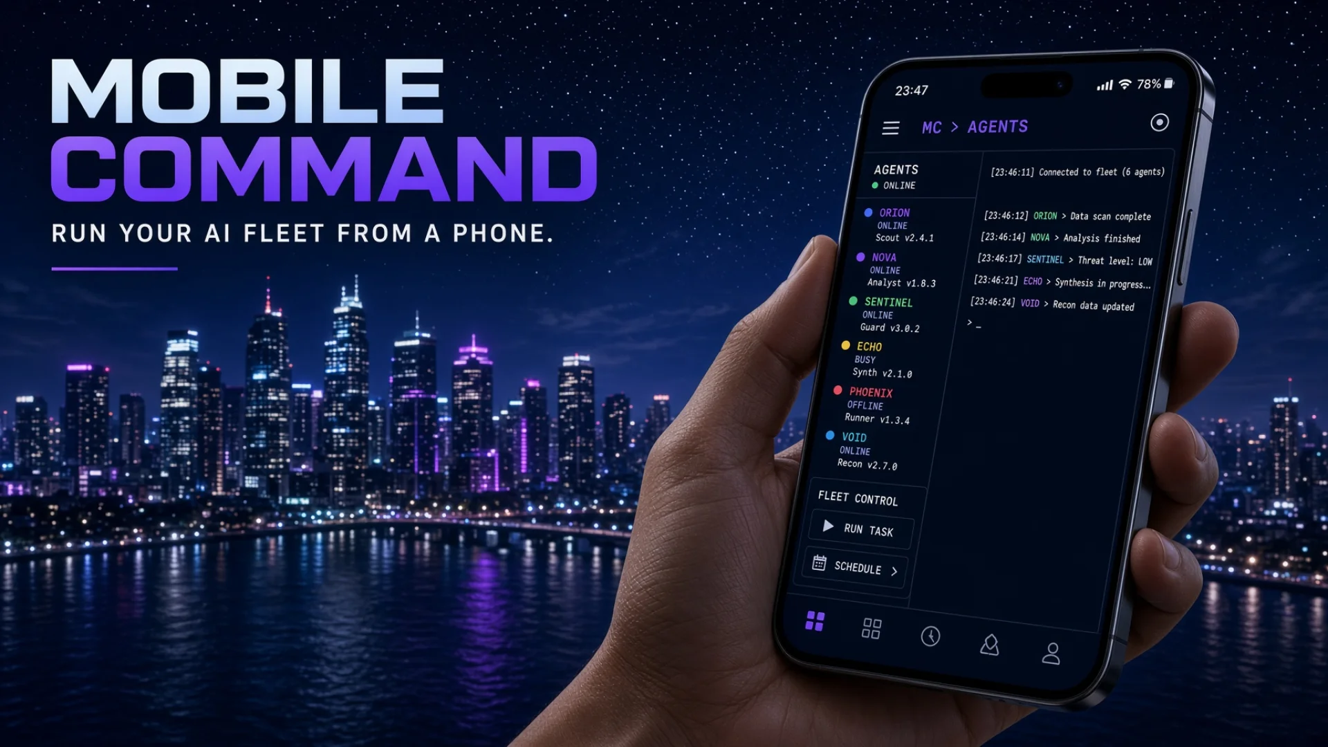 A hand holding a smartphone showing AI agent status list with green and yellow dots against a nighttime city skyline