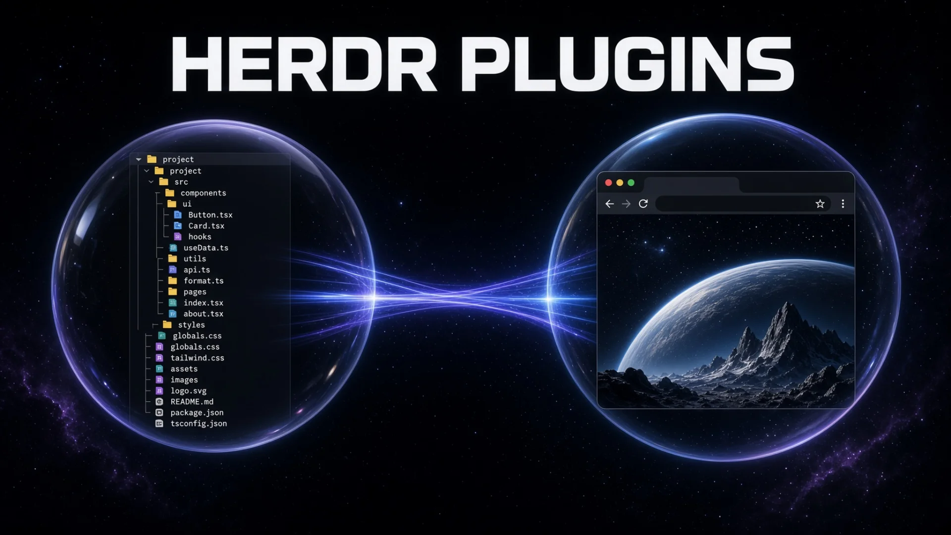 Two glass spheres on a cosmic background containing a file tree and a browser window connected by light beams