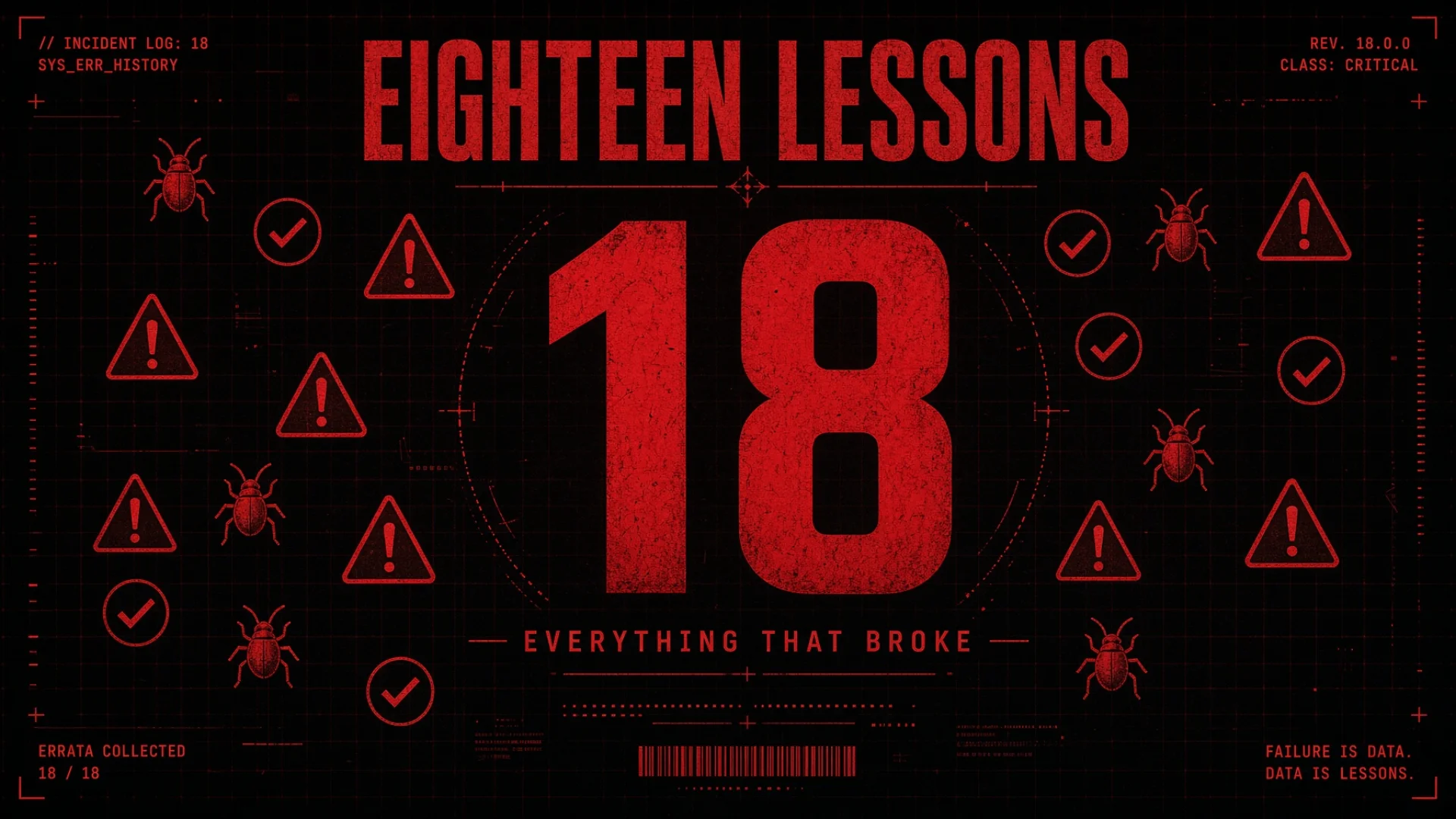 Large red number 18 surrounded by warning triangles and bug icons on a dark background with the text Eighteen Lessons Everything That Broke