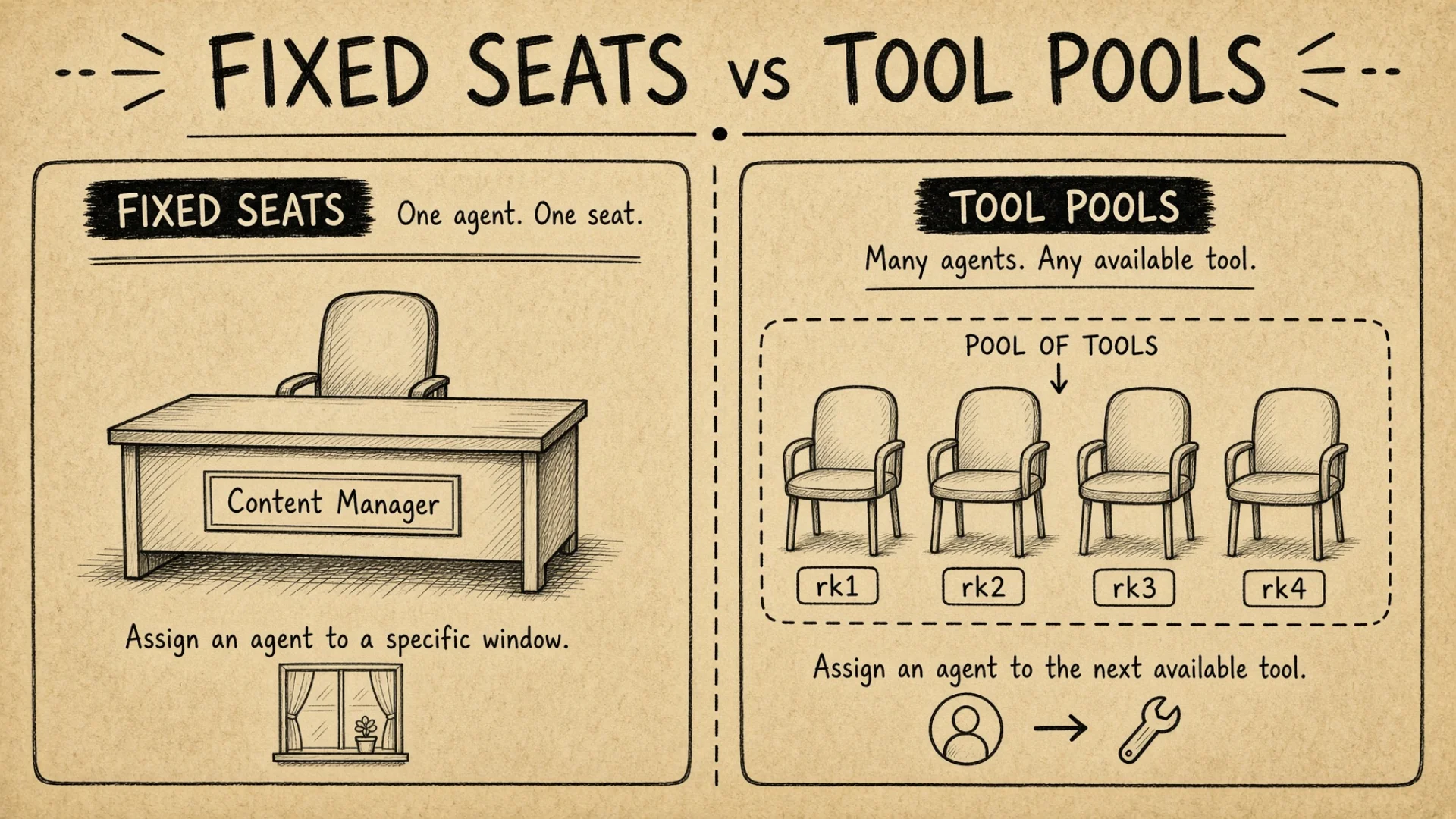 Sketch-style split illustration comparing a fixed role desk with a pool of interchangeable workstations