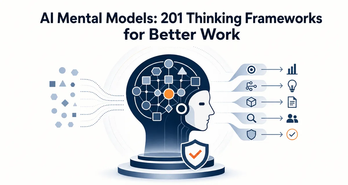 Icon illustration cover for an article about 201 AI mental models as a curated set of thinking-lens handles you hand to an agent before prompting.