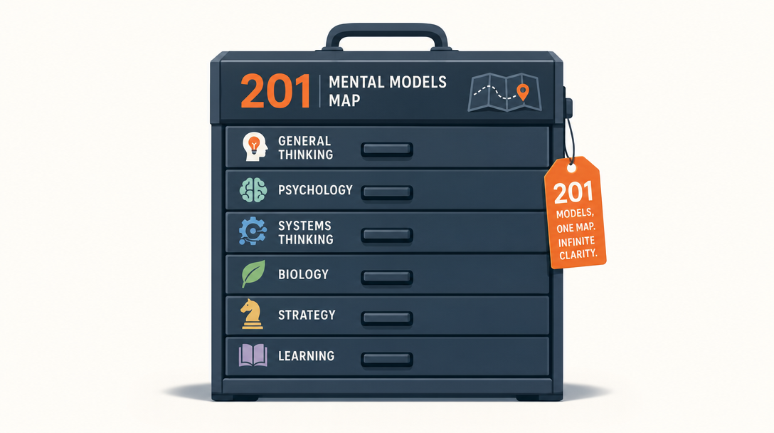 Icon illustration of a categorized toolbox standing in for the 201-model map, with broad thinking categories acting as drawer labels.