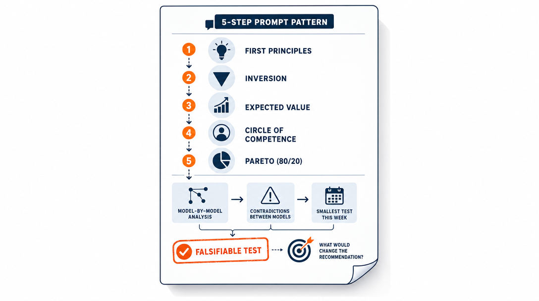 Icon illustration of a five-step prompt pattern that hands AI a sequence of named lenses and ends with a falsifiable test of the recommendation.