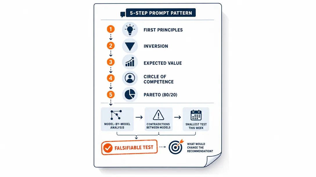 Icon illustration of a five-step prompt pattern that hands AI a sequence of named lenses and ends with a falsifiable test of the recommendation.