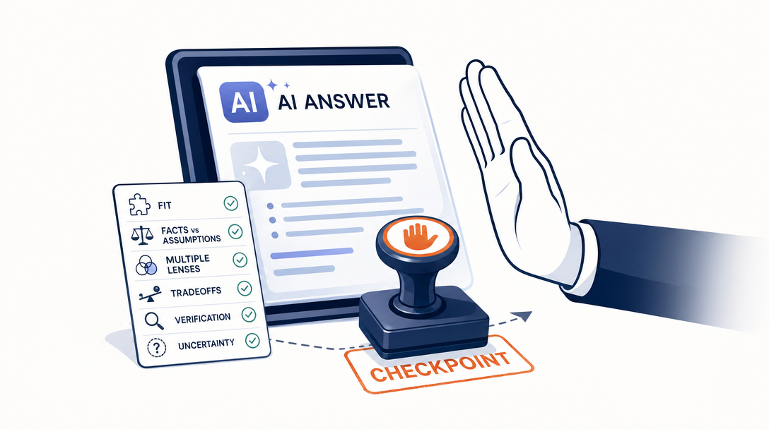 Icon illustration of an anti-abuse verification checkpoint that pauses a confident-looking AI answer for inspection before the recommendation is accepted.