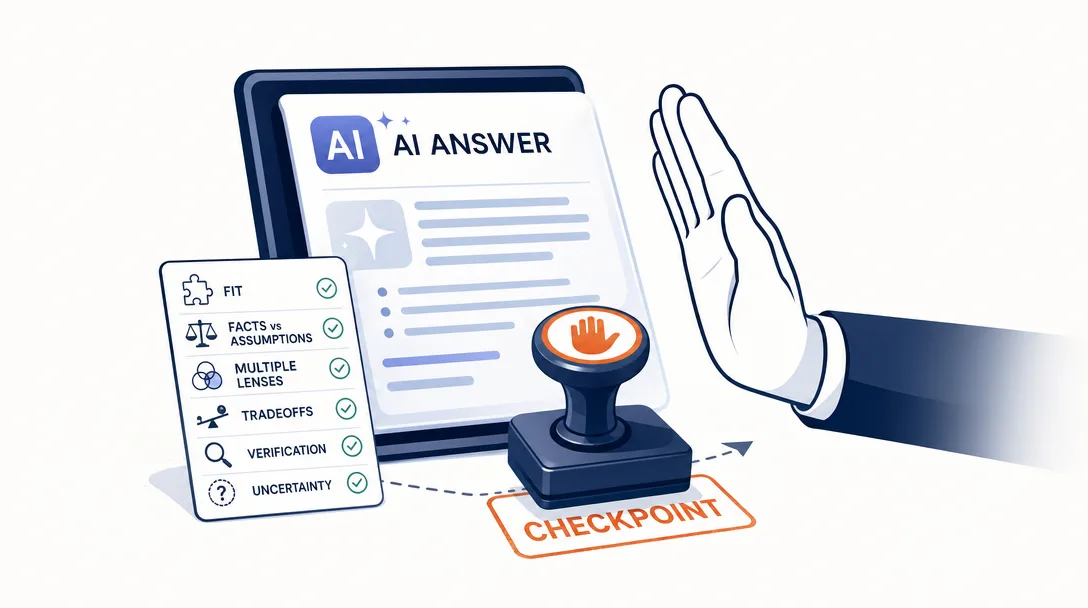 Icon illustration of an anti-abuse verification checkpoint that pauses a confident-looking AI answer for inspection before the recommendation is accepted.