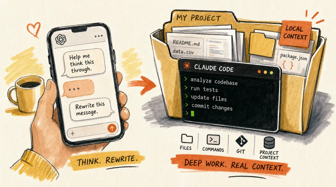 Marker illustration contrasting a chat app for conversational tasks with a local agent that lives near your project files.