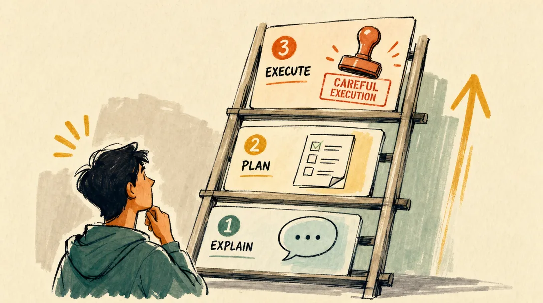 Marker illustration of a three-rung asking ladder rising from explanation through plan up to a careful execution after the plan is clear.