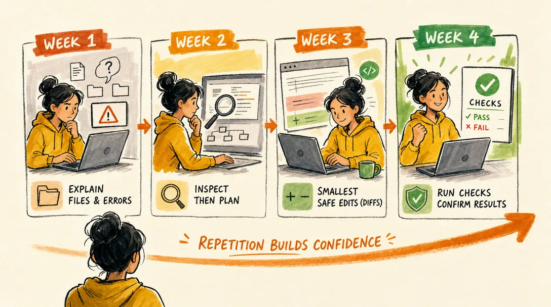 Marker illustration of a four-week practice cadence where small repeated asks build confidence step by step.