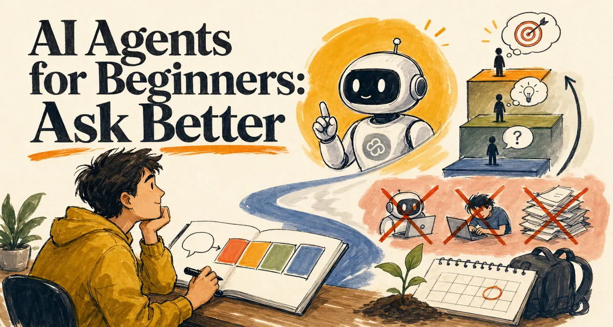 Marker illustration cover for a beginner guide that frames the AI agent unlock as asking better rather than learning to code first.