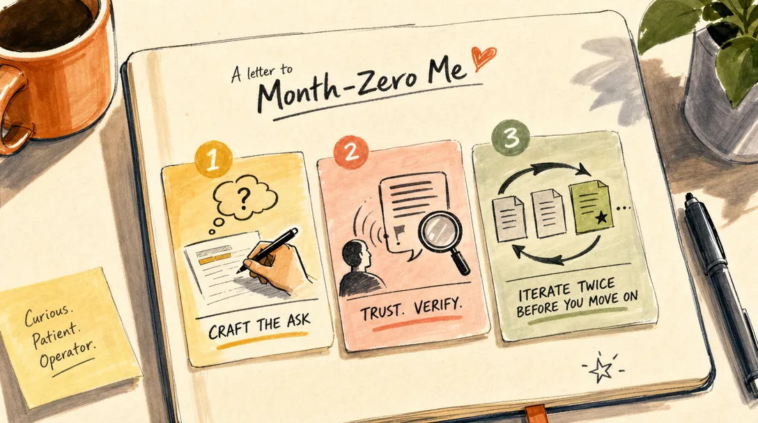 Marker illustration of a month-zero letter to a beginner with three habit cards on the ask, the gut check, and iterating the session.