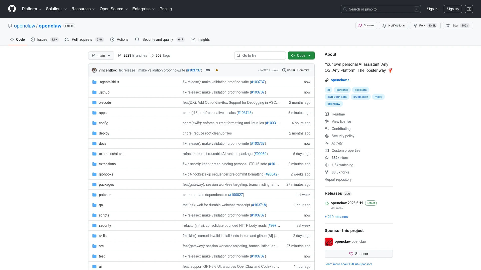 OpenClaw AI agent framework GitHub repository with 382k stars