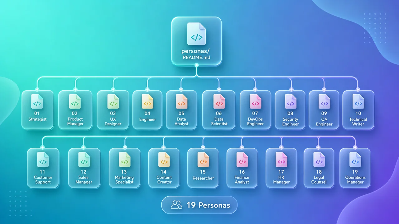 A tree of nineteen markdown persona files branching from one root — a real multi-persona agent system