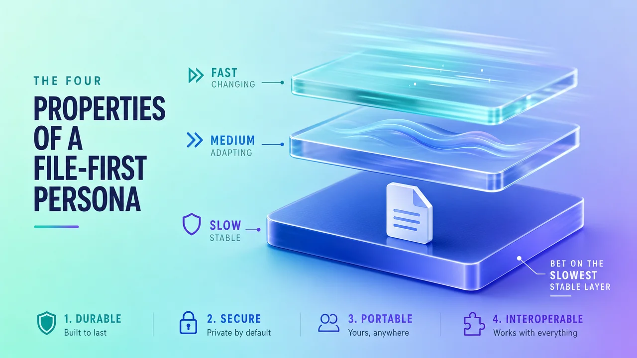 Three stacked layers: the model layer churning fast at top, orchestration in the middle, and the persona file as the slow stable base at the bottom