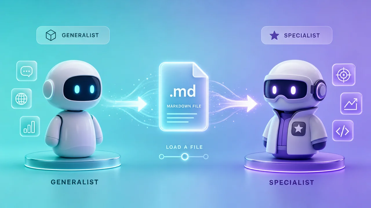 A generalist AI agent transforms into a focused specialist after loading a persona file