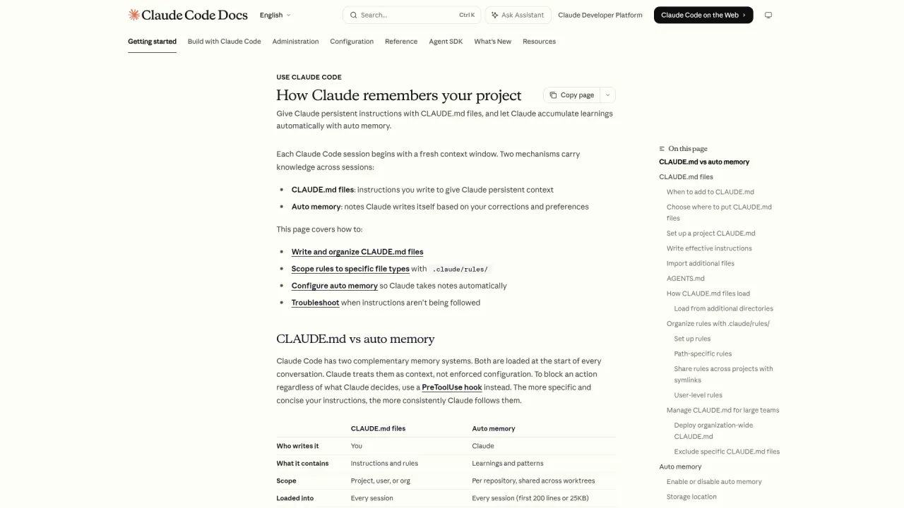 Claude Code docs on CLAUDE.md project memory files persisting across sessions