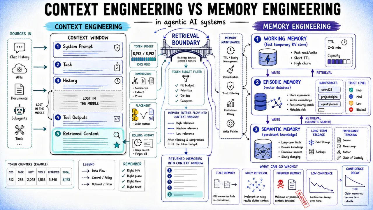 Context window management diagram showing token budget and memory layers