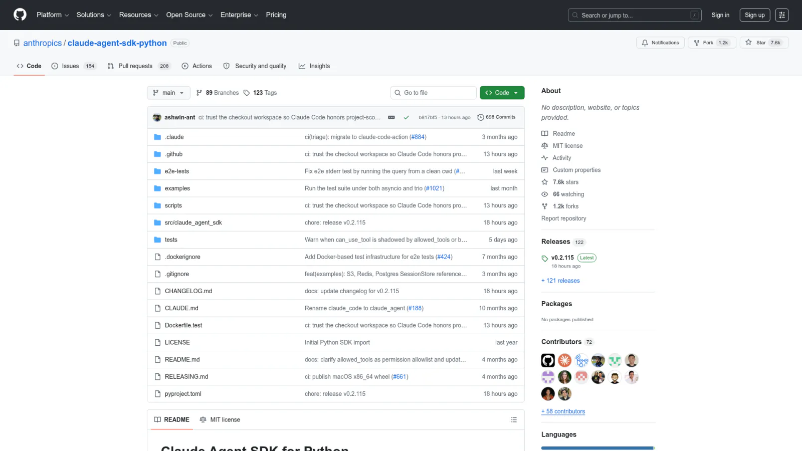 Claude Agent SDK for Python repository on GitHub with 7.6k stars