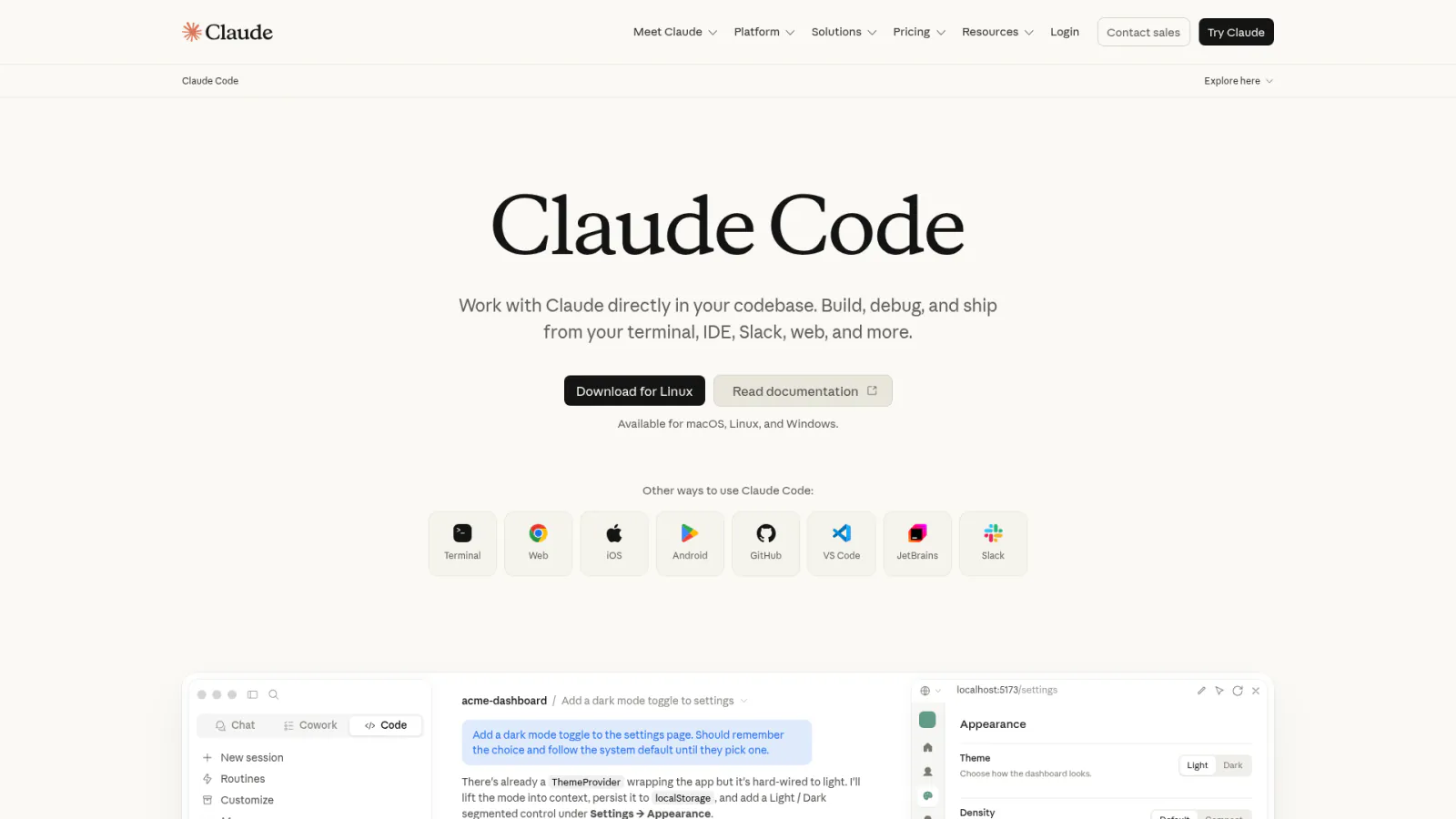 Claude Code product page for building and shipping agents from the terminal