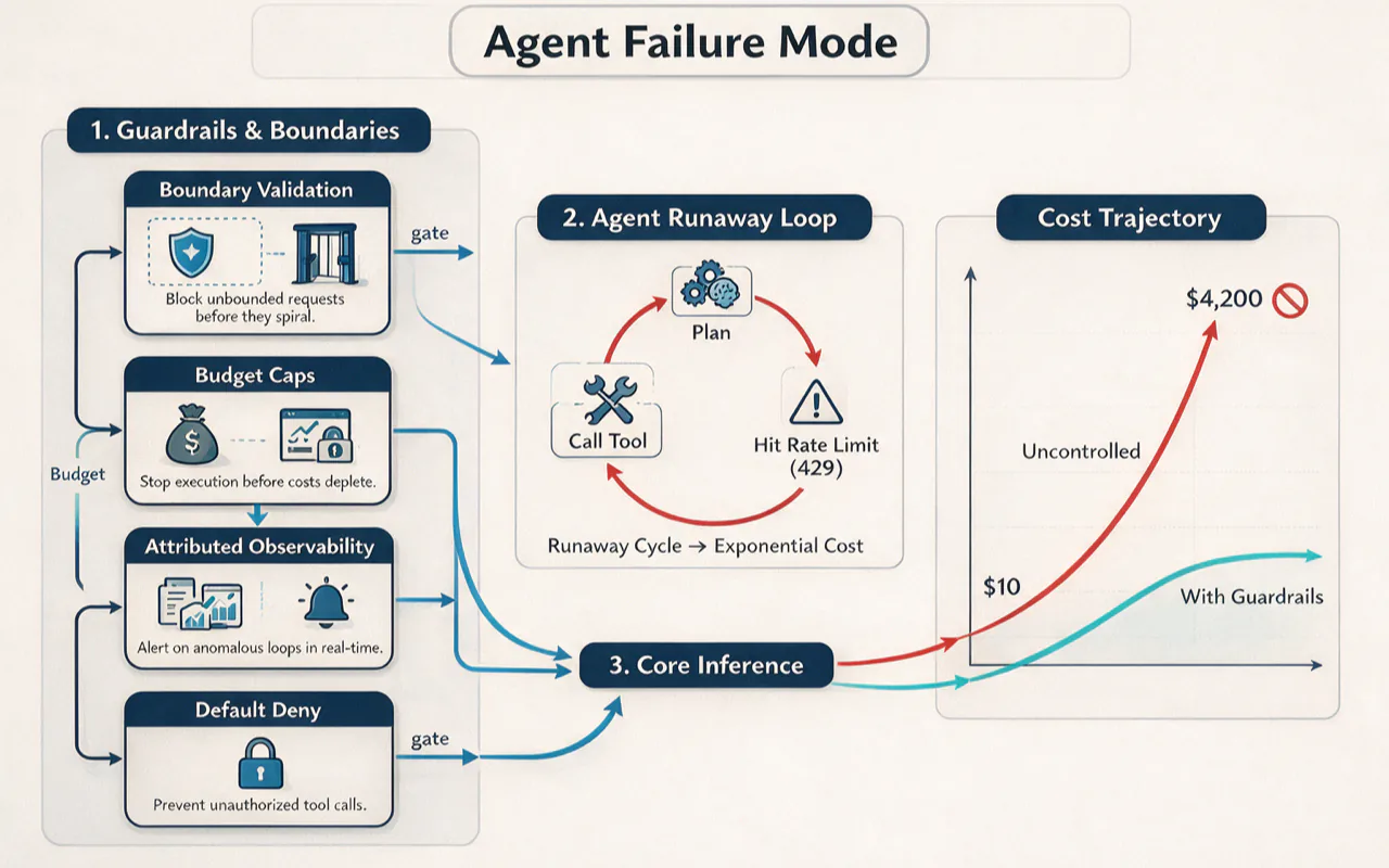 Runaway agent loop and cost curve stopped by four agent guardrails