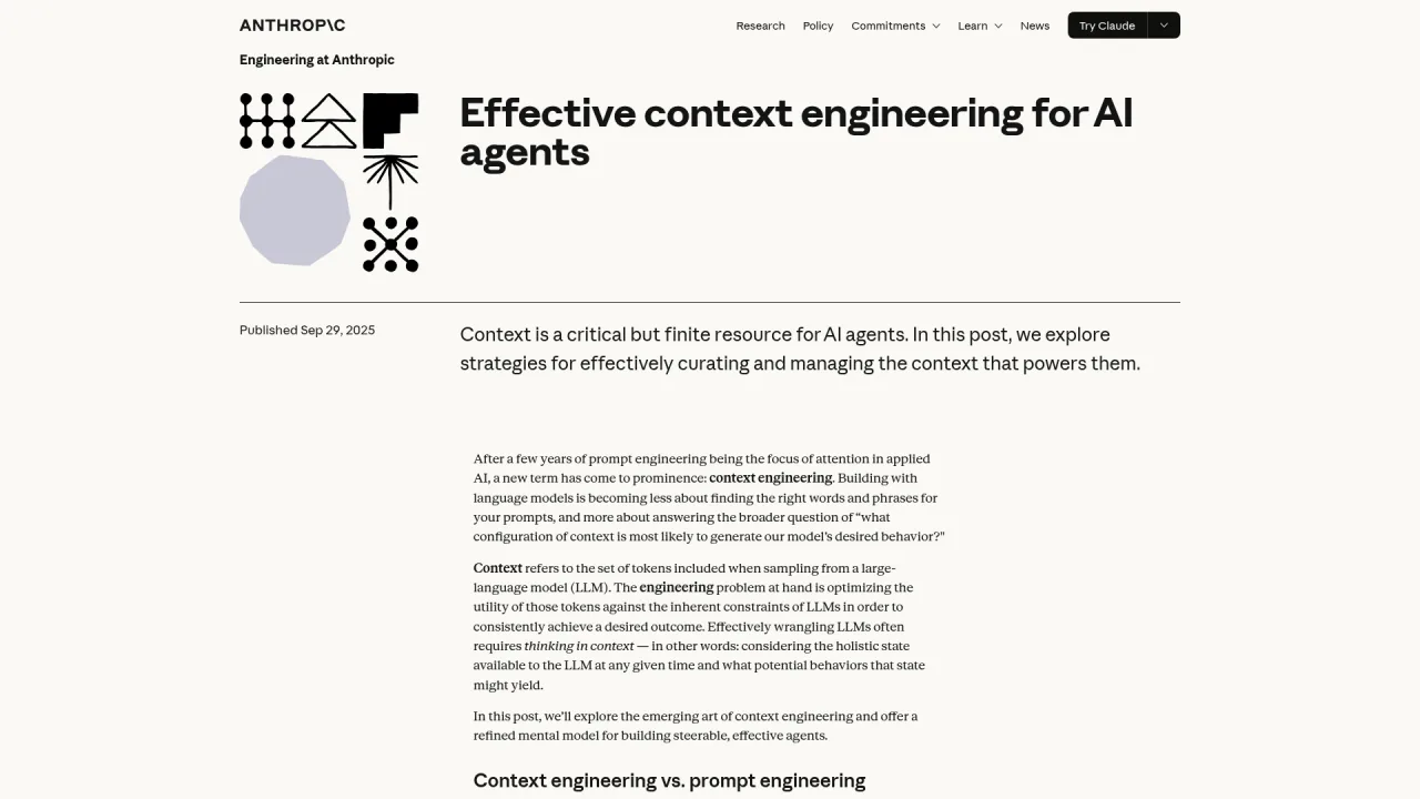 Anthropic's Effective context engineering for AI agents engineering guide