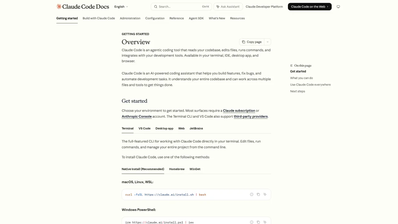 Claude Code Docs overview page with install methods and supported surfaces