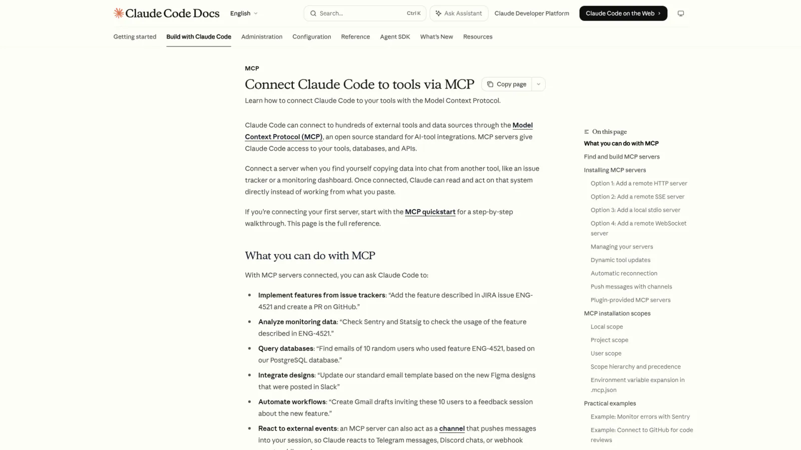 Claude Code MCP documentation for connecting agents to external tools and data