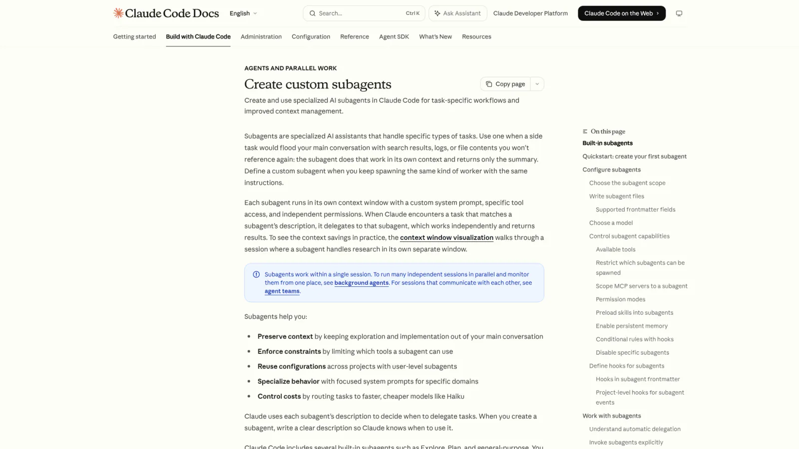 Claude Code documentation on creating custom subagents for isolated tasks