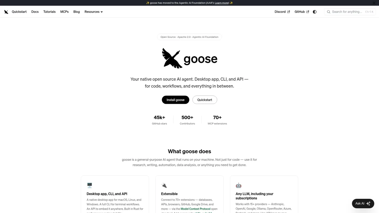 Goose open source AI agent homepage with MCP extensions and providers