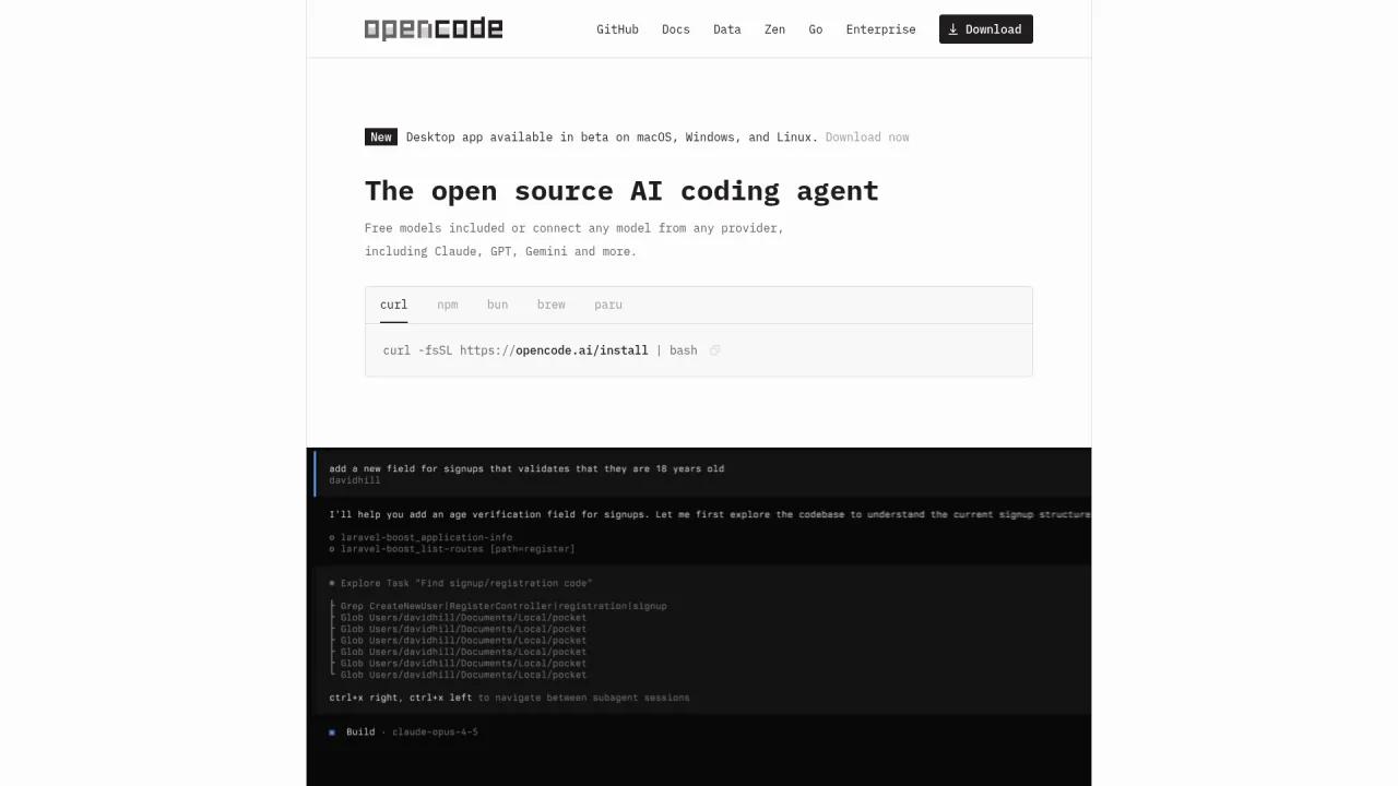 OpenCode open source AI coding agent homepage and install commands