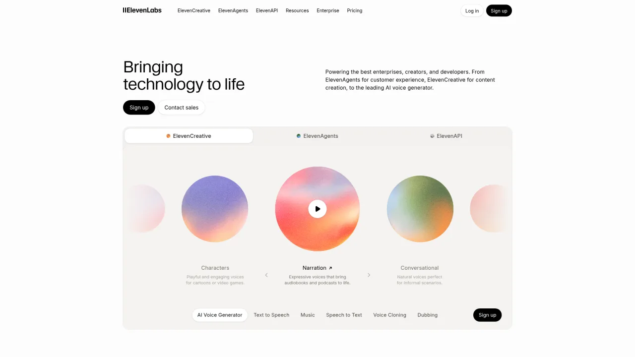 ElevenLabs text-to-speech homepage with AI voice generator