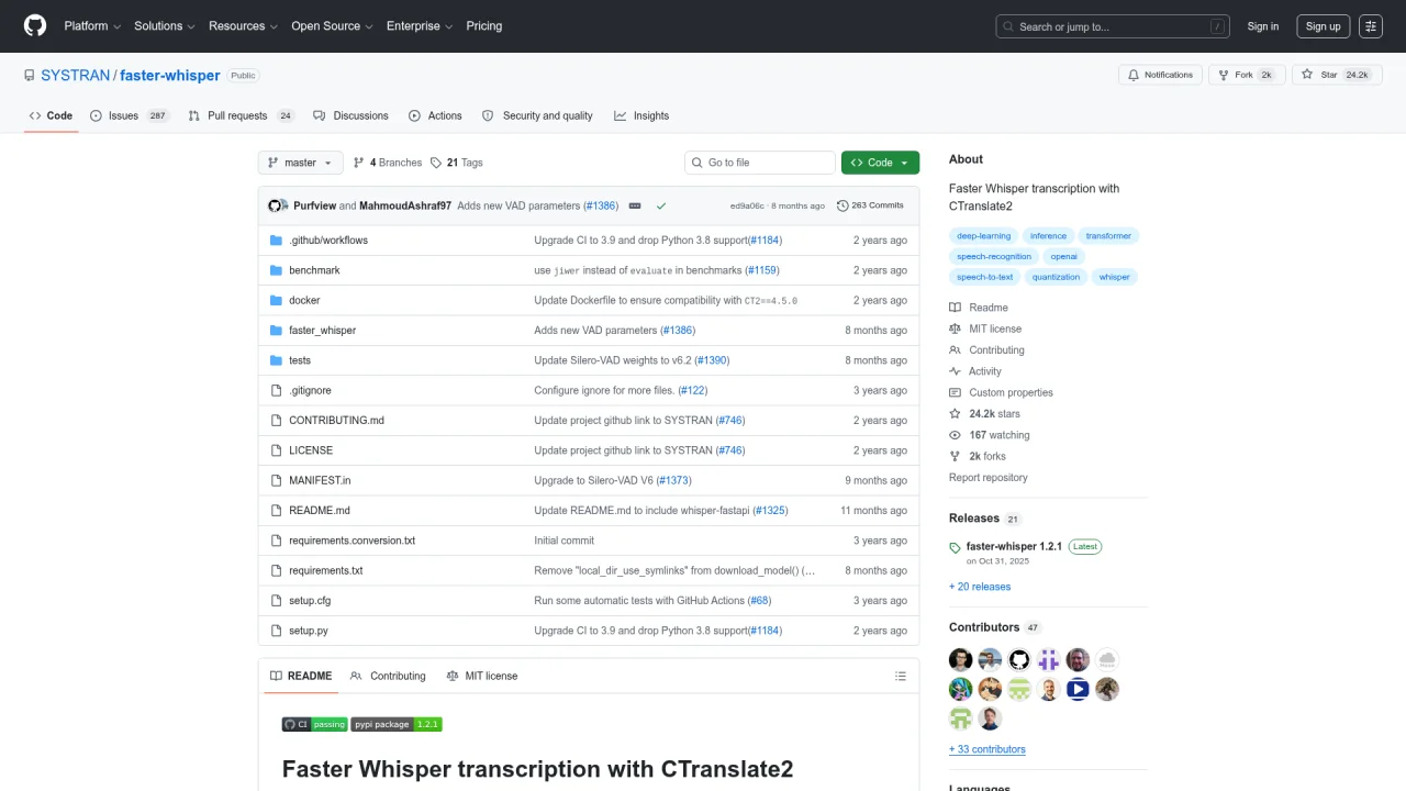 faster-whisper speech-to-text GitHub repository page