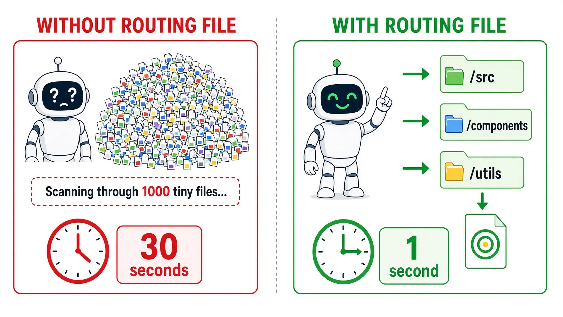 Split comparison: WITHOUT ROUTING FILE a confused robot scans 1000 files in 30 seconds versus WITH ROUTING FILE a confident robot follows three folder levels to the target in 1 second