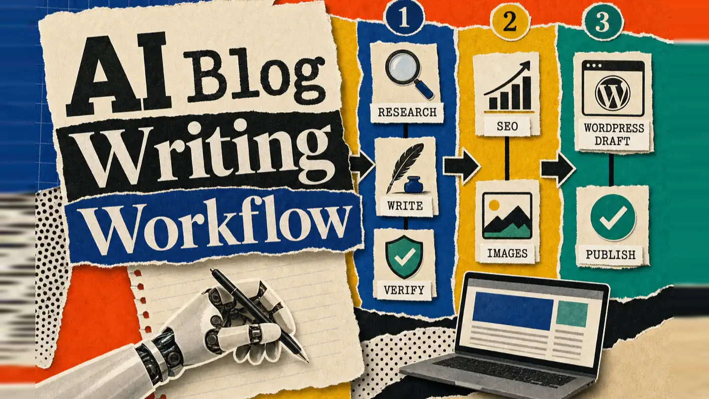 Collage diagram of an AI blog writing workflow from research to draft