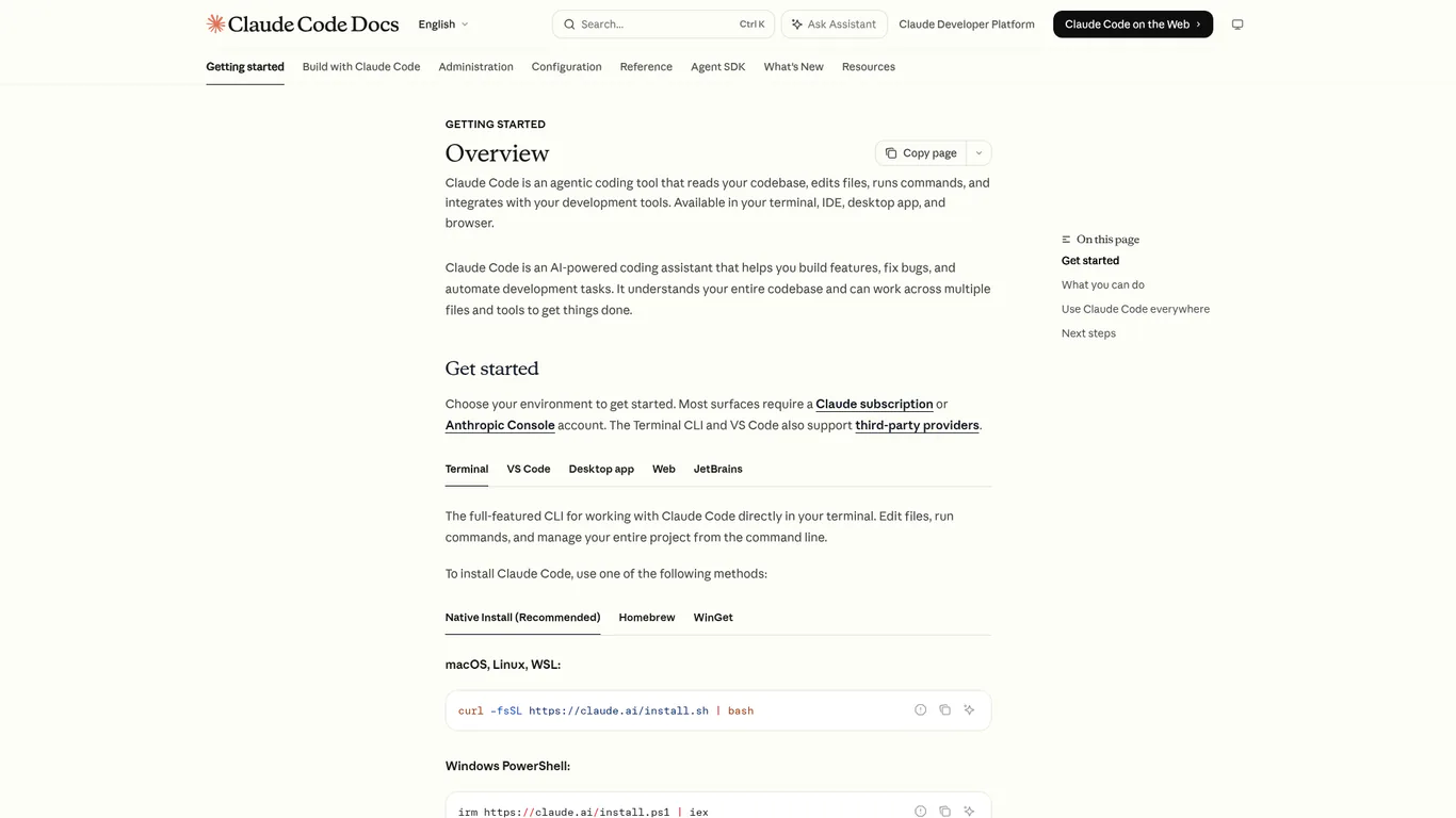 Claude Code documentation getting started overview page
