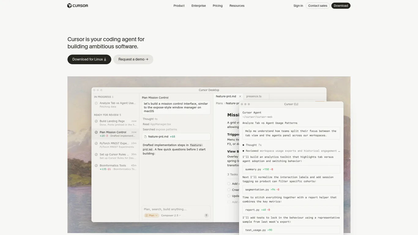 Cursor AI coding agent interface for building software from a prompt