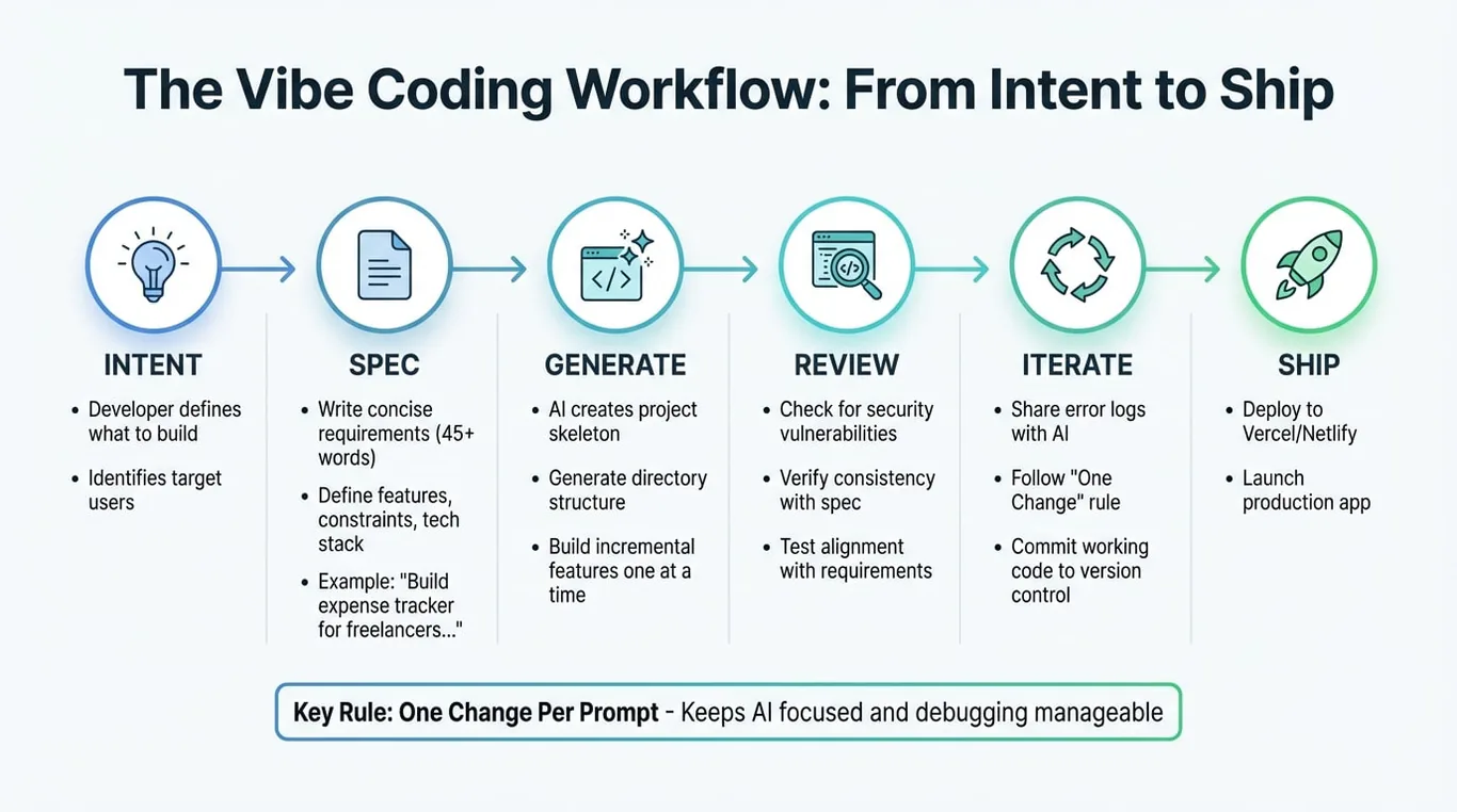 Vibe coding workflow from intent and spec to generate, review, iterate, ship