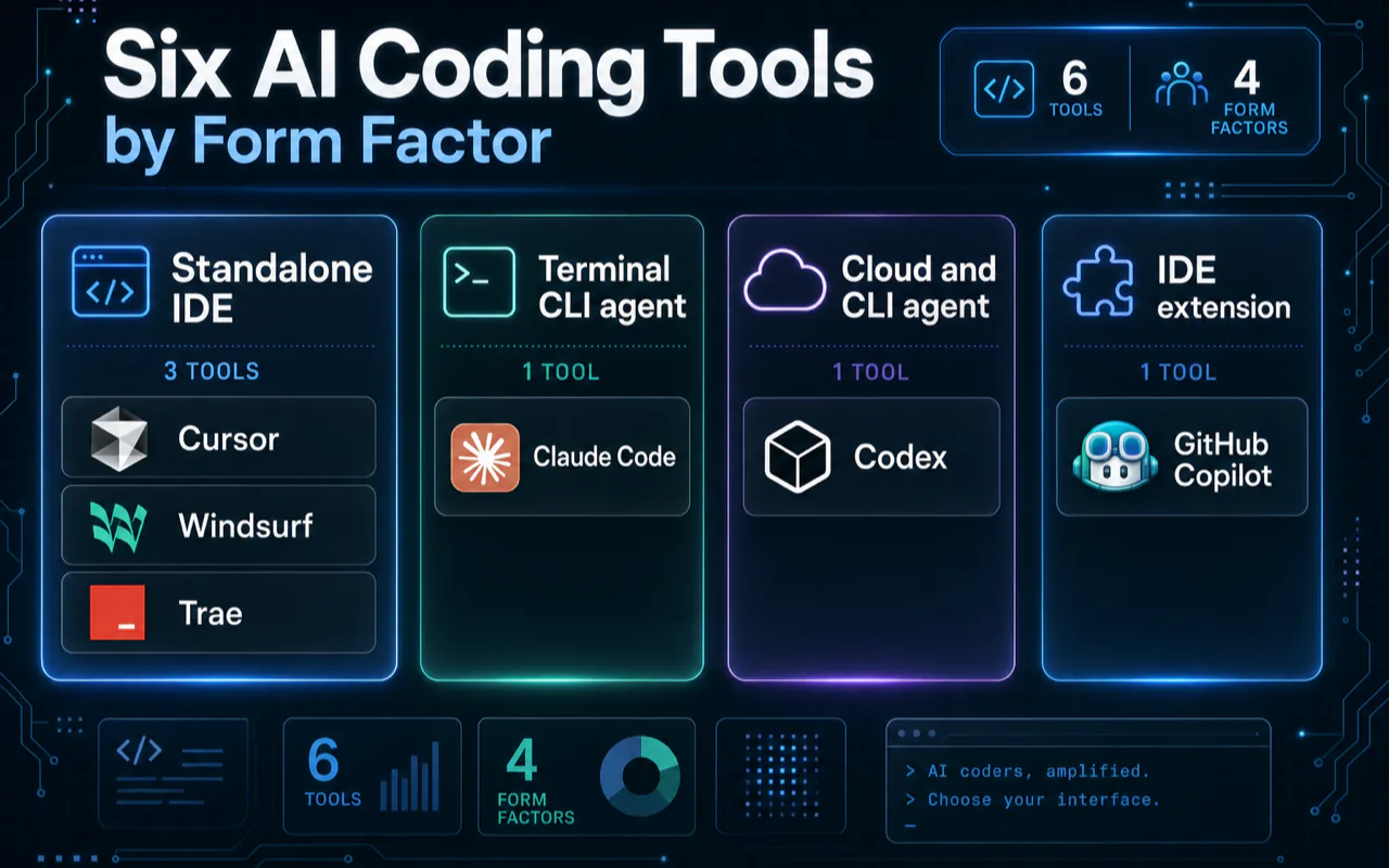 Six AI coding tools grouped by form factor into four categories