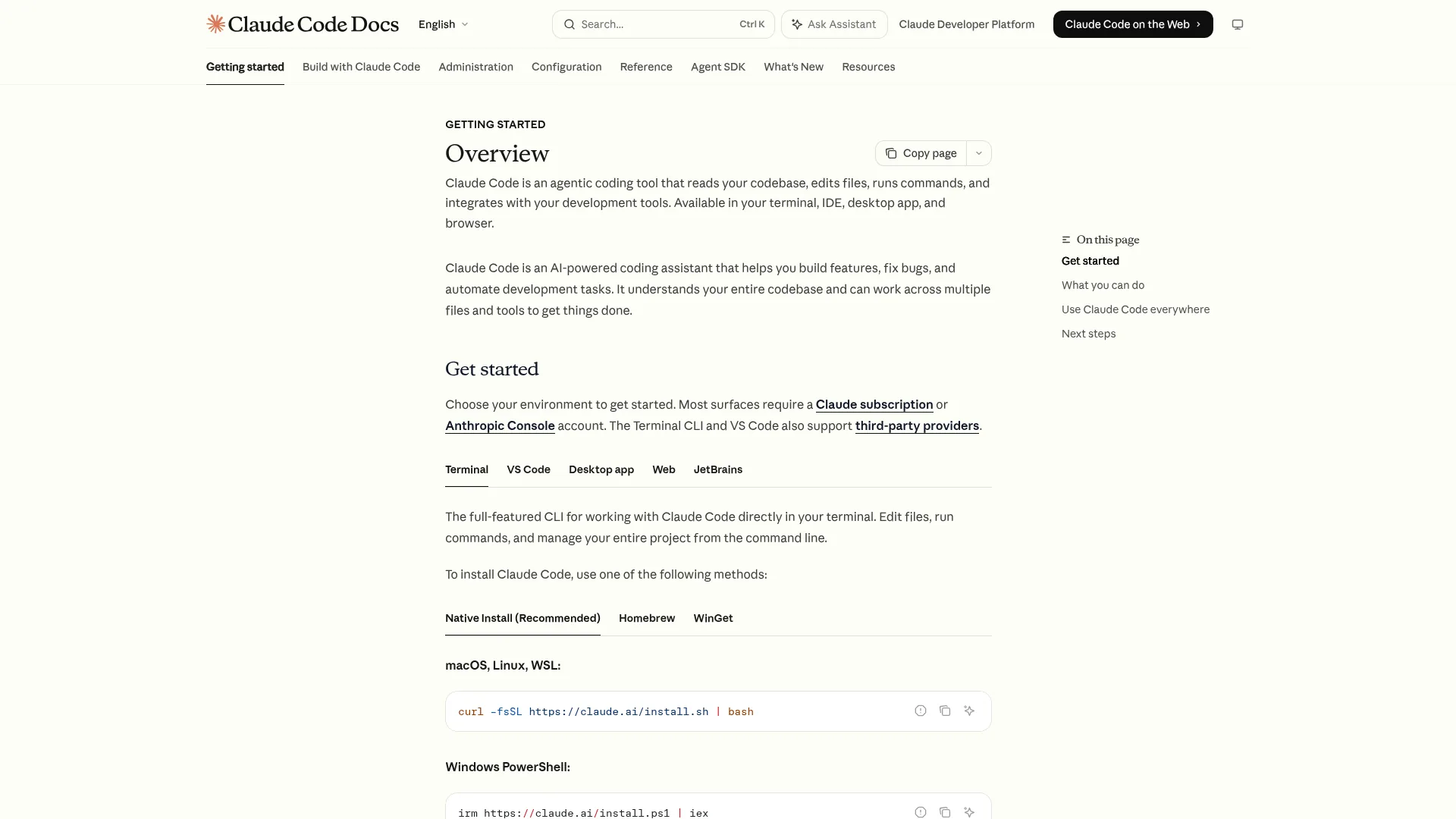 Claude Code docs overview: agentic coding across terminal, IDE, and web