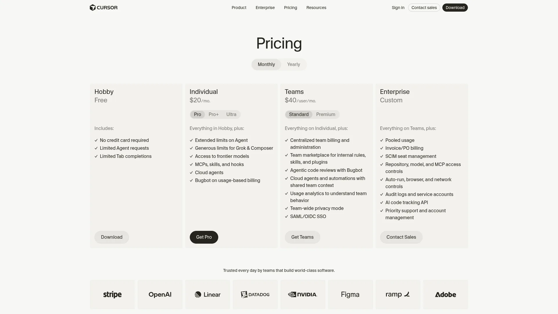 Cursor pricing page with Hobby, Individual, Teams, and Enterprise tiers