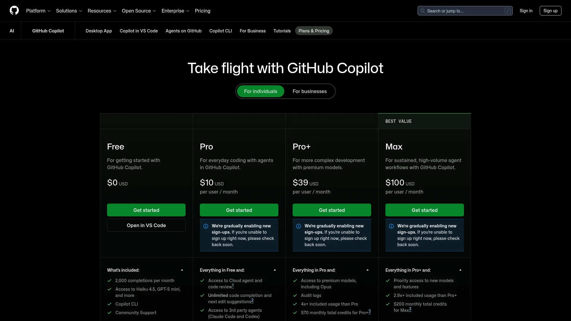 GitHub Copilot plans page showing Free, Pro, Pro Plus, and Max pricing