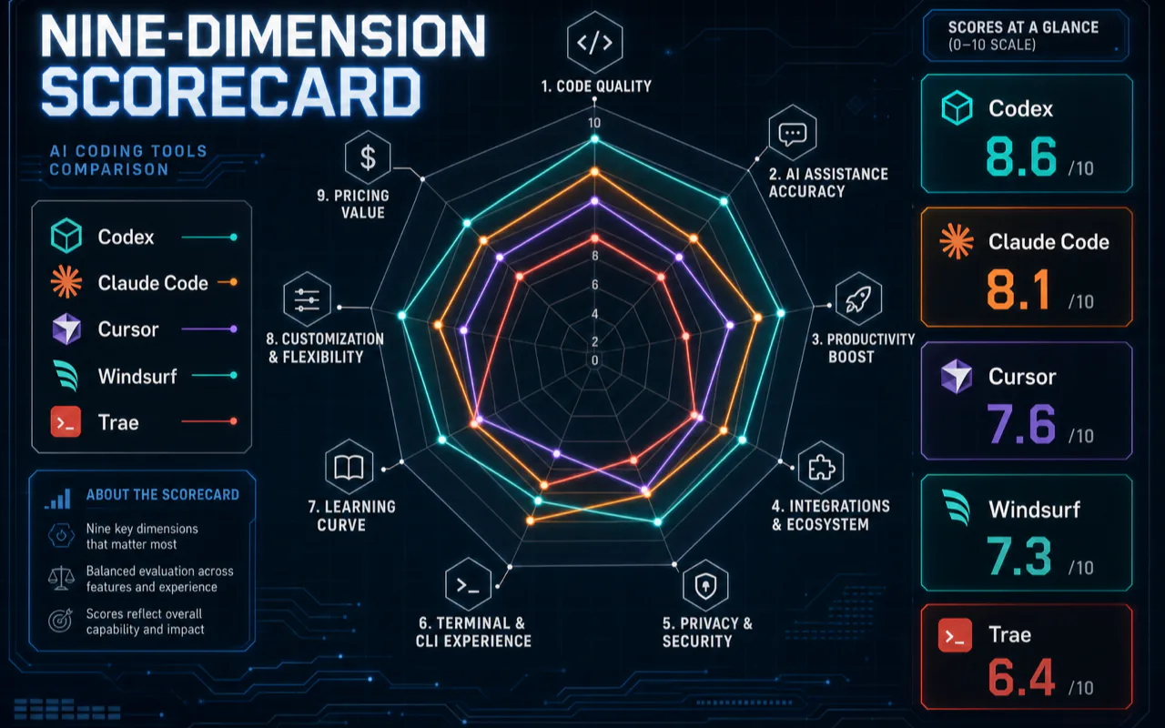 Radar scorecard comparing five AI coding tools on nine dimensions