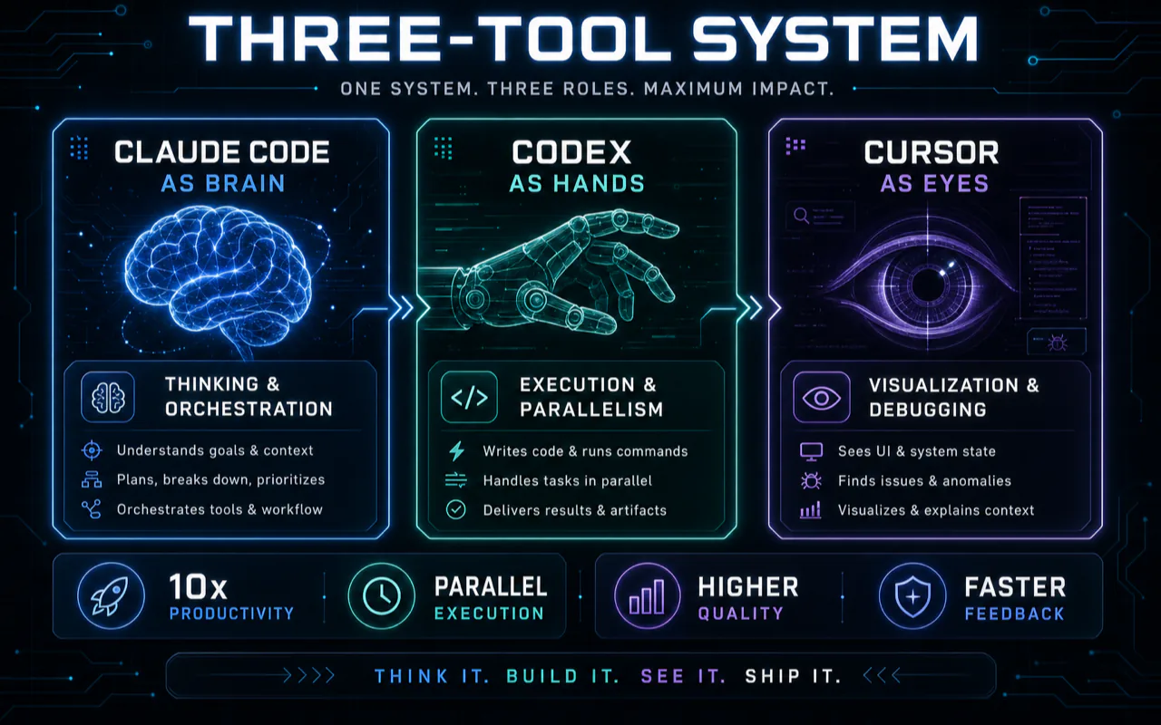 Three-tool system: Claude Code brain, Codex hands, Cursor eyes
