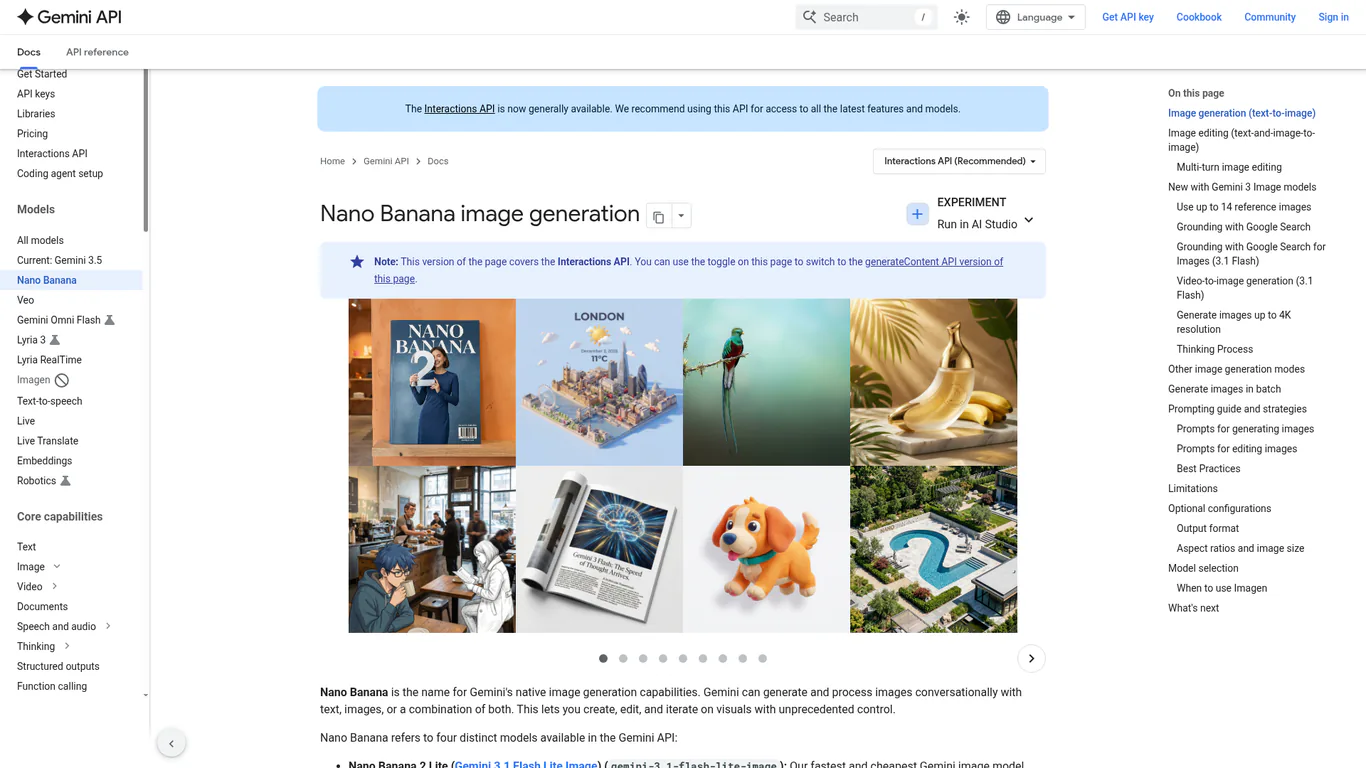 Gemini API Nano Banana image generation documentation page