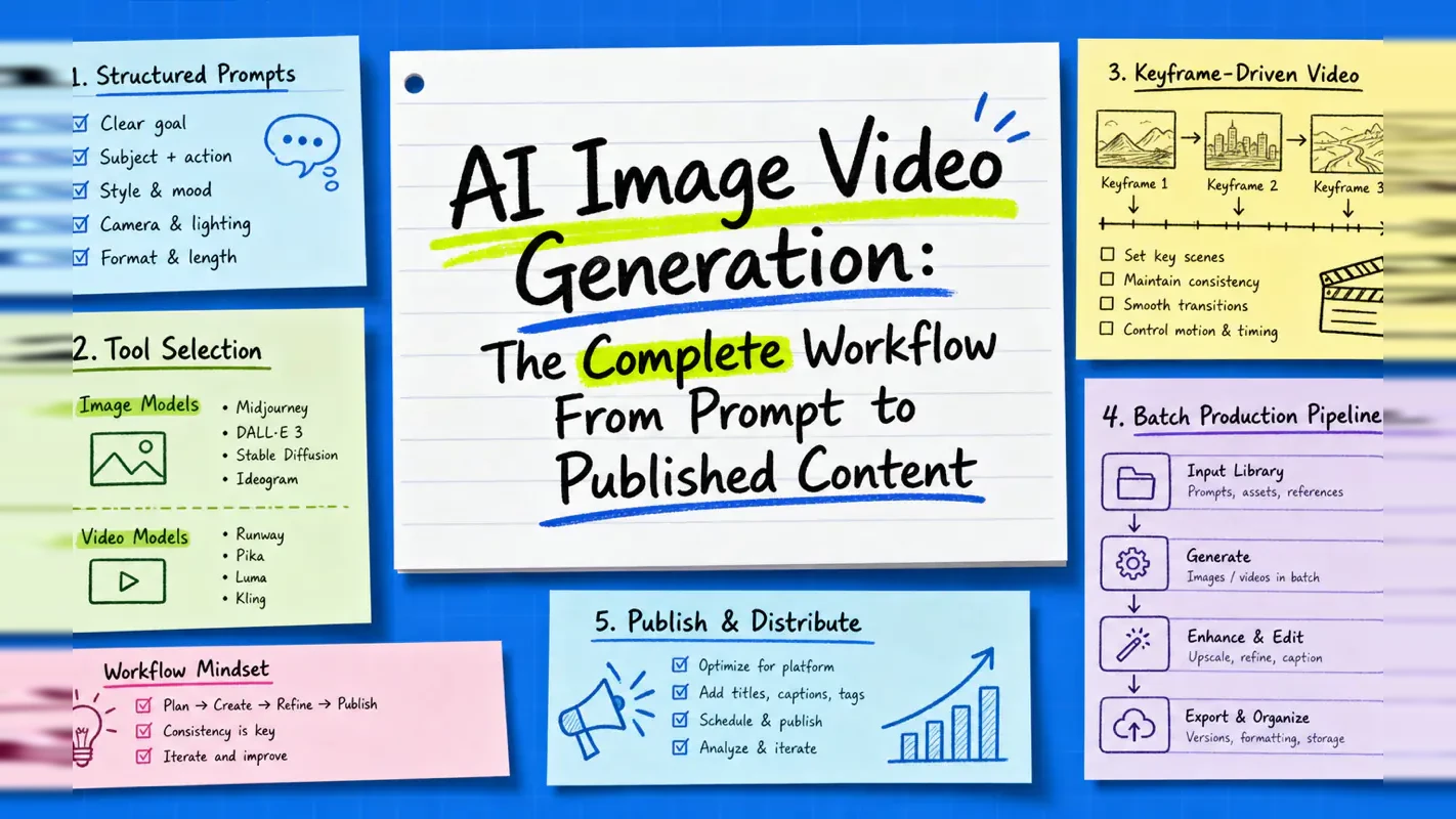 Complete AI image video generation workflow diagram from prompt engineering to final published content