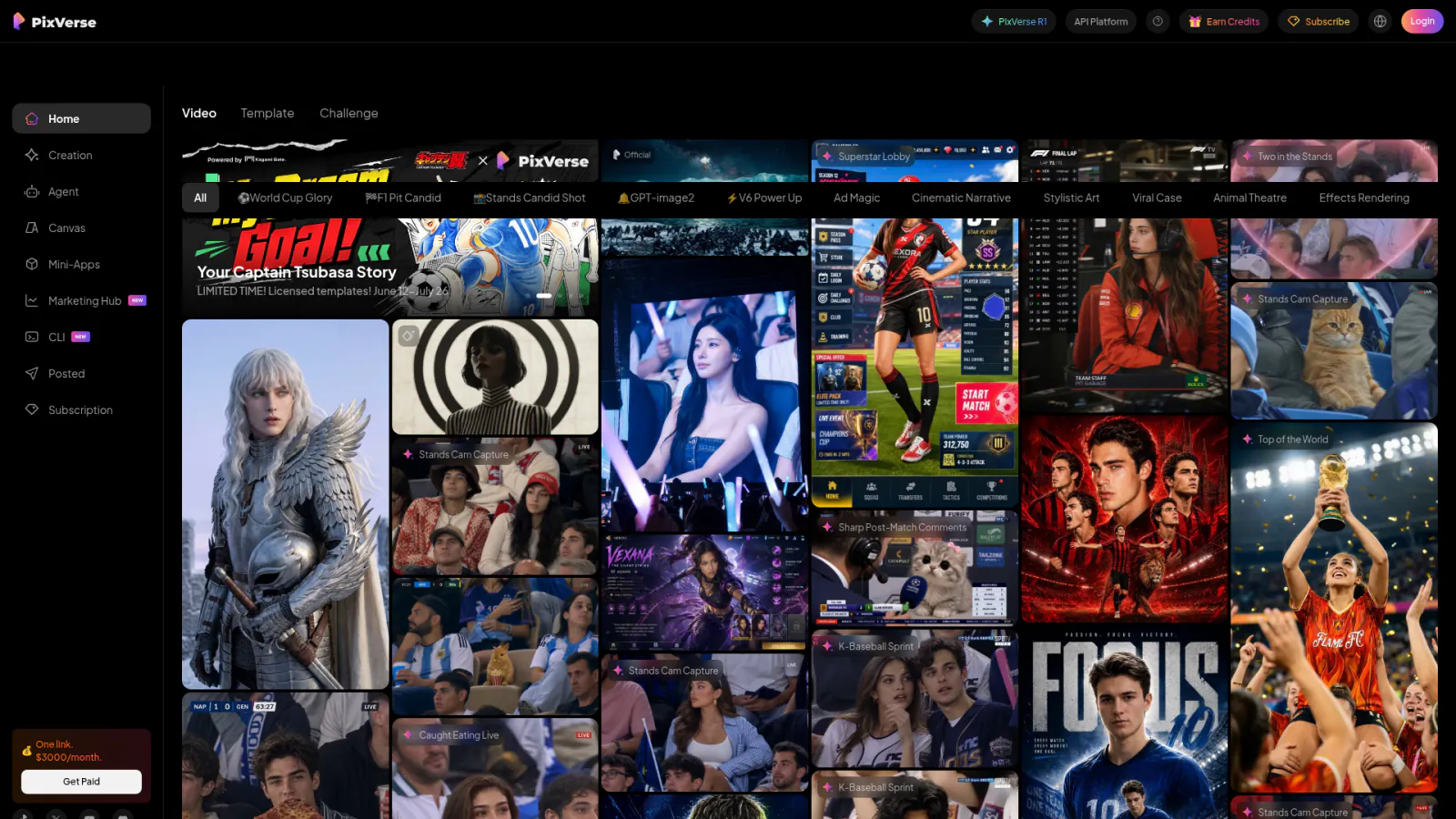 PixVerse AI image-to-video generation interface with a template gallery