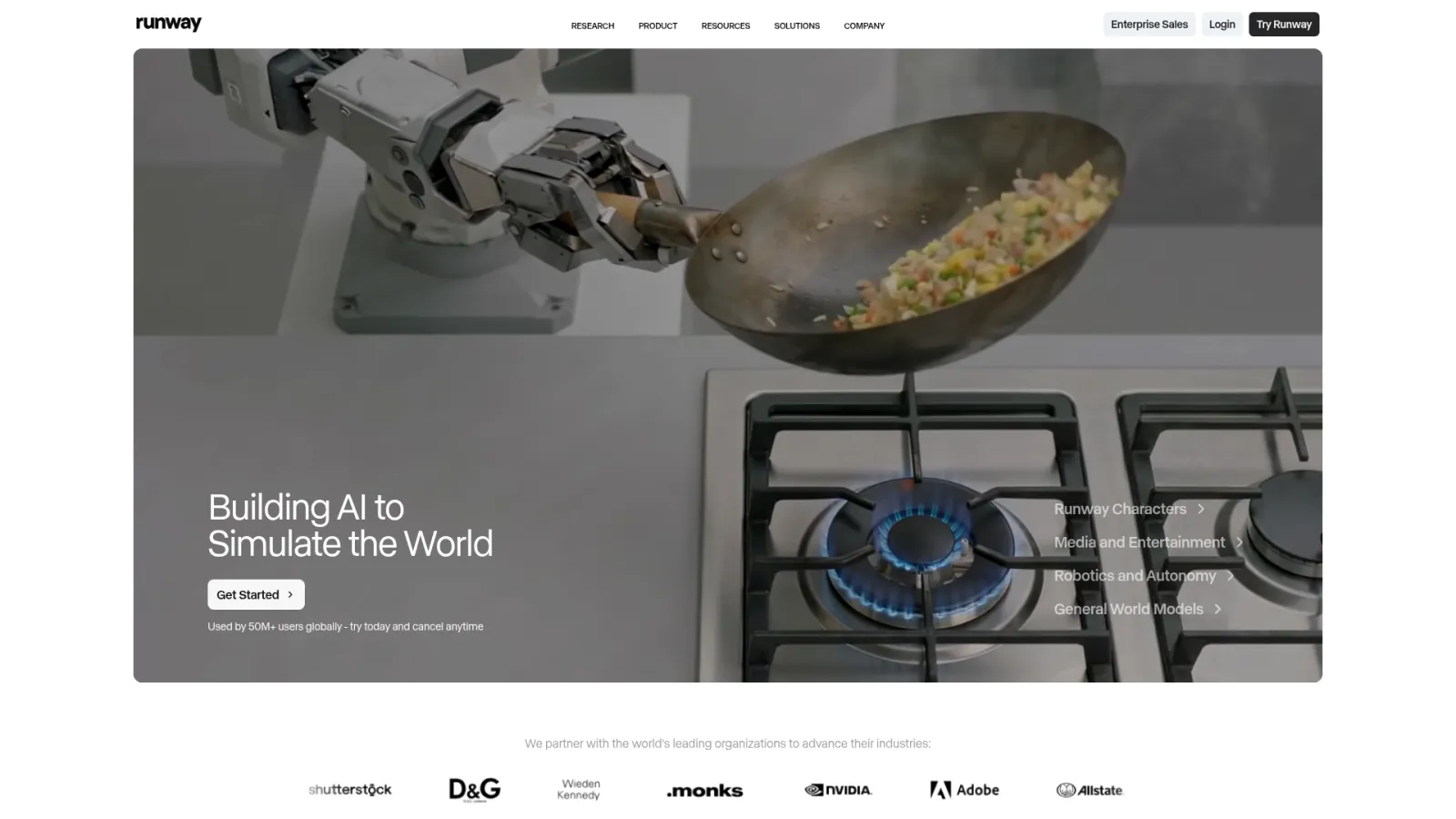 Runway homepage for AI video generation and editing tools