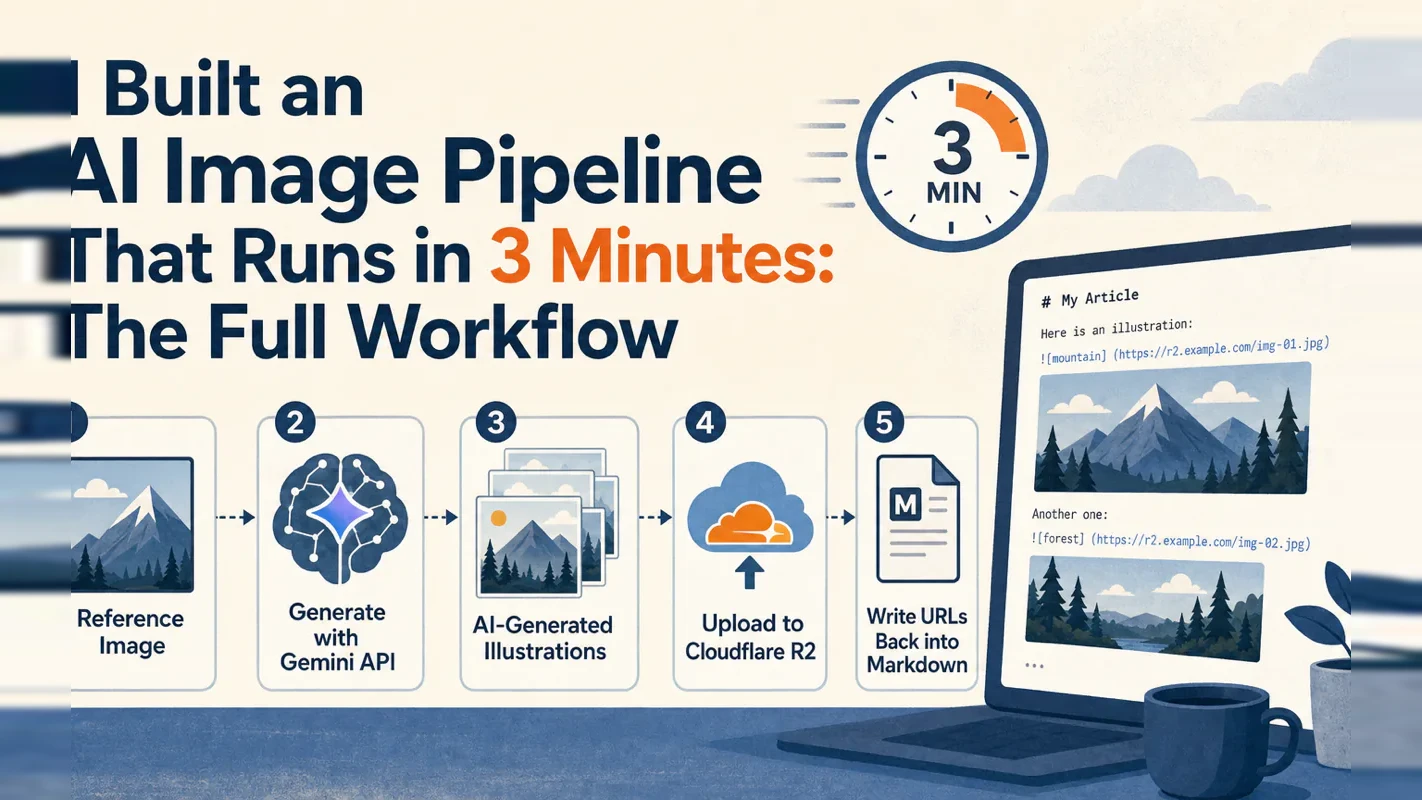 5-step AI image pipeline diagram showing reference image anchoring, Gemini API generation, and Cloudflare R2 upload workflow