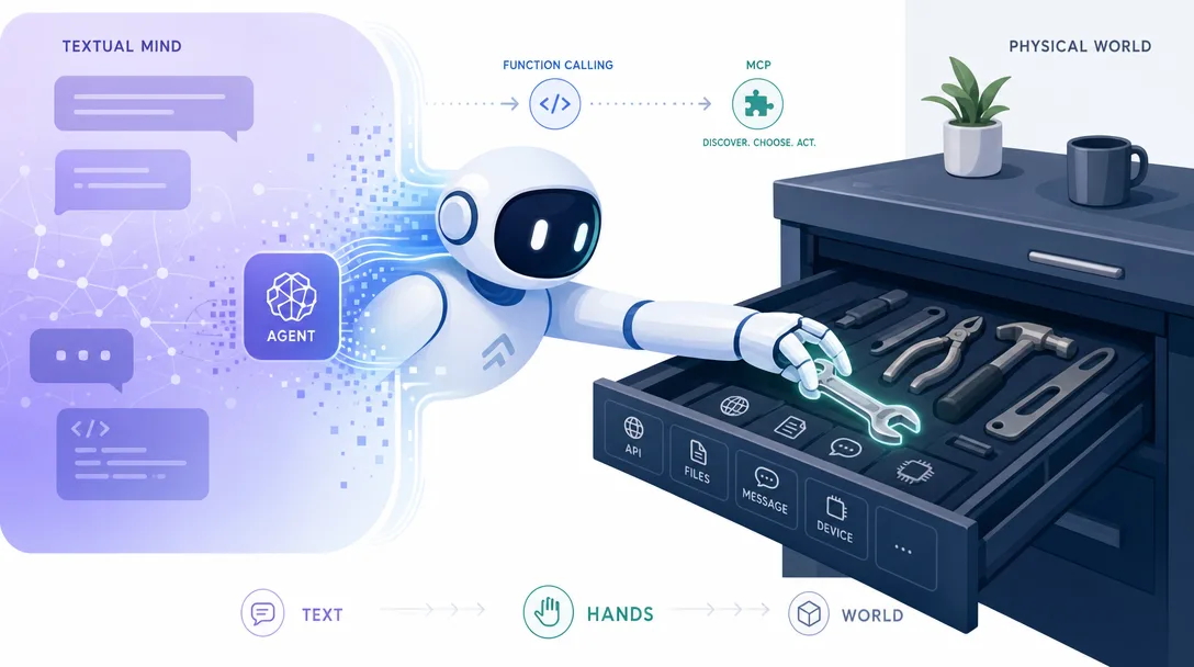 Design system illustration of an agent that reaches out of pure text and picks its own tool from a shared tool drawer.